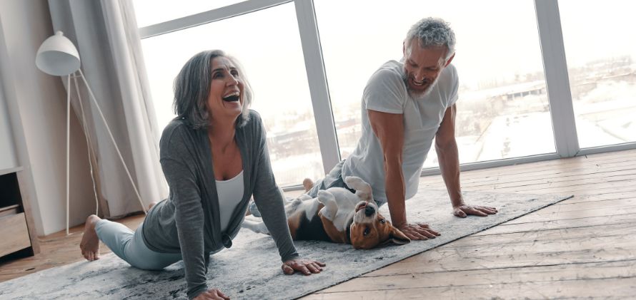 Tierkommunikation mit Hund während Dehnübungen